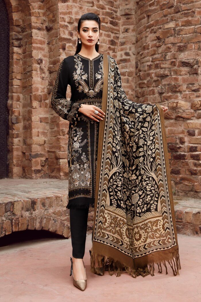 3 Piece Unstitched Heavy Embroidered Dhanak Suit With Digital Printed Woolen Shawl