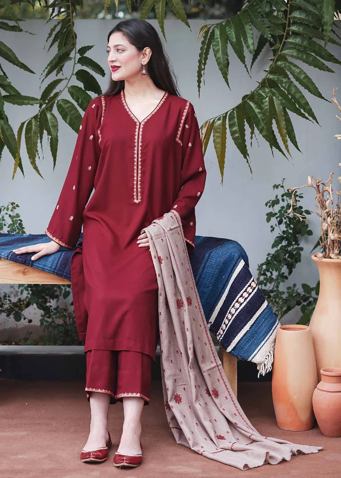 3 Piece Unstitched Heavy Embroidered Dhanak Suit With Heavy Embroidered Dhanak Shawl