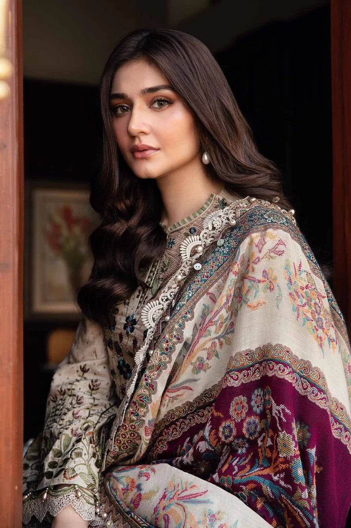 3 Piece Unstitched Heavy Embroidered Dhanak Suit with Printed Woolen Shawl