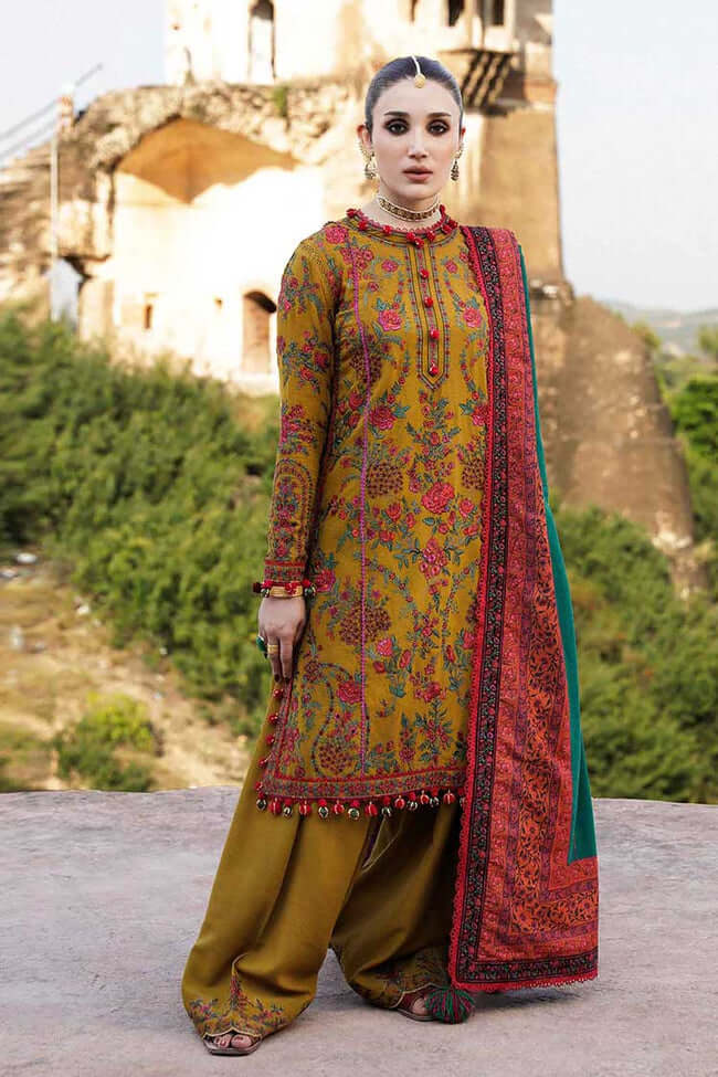 3 Piece Unstitched Heavy Embroidered Dhanak Suit With Printed Woolen Shawl