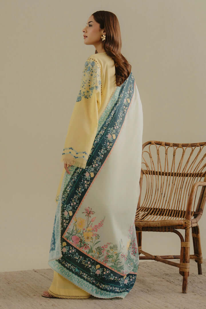 3 Piece Unstitched Heavy Embroidered Pure Lawn Suit with Printed Silk Dupatta
