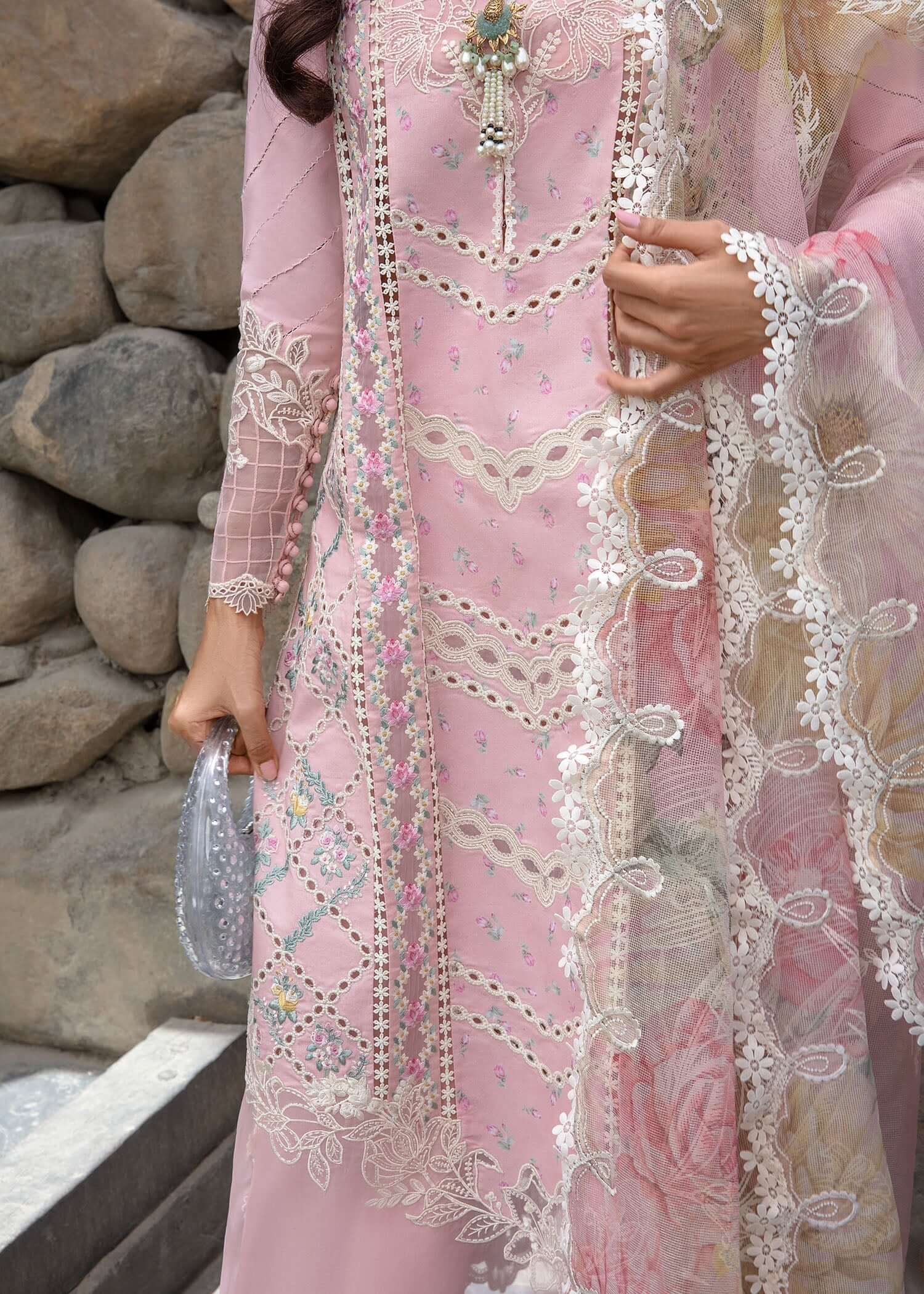 3 Piece Unstitched Heavy Embroidered Chickan Kari Pure Lawn Suit with Four Sided Embroidered Silk Dupatta