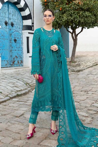 3 Piece Unstitched Heavy Embroidered Chickan Kari Pure Lawn Suit with Heavy Embroidered Chiffon Dupatta