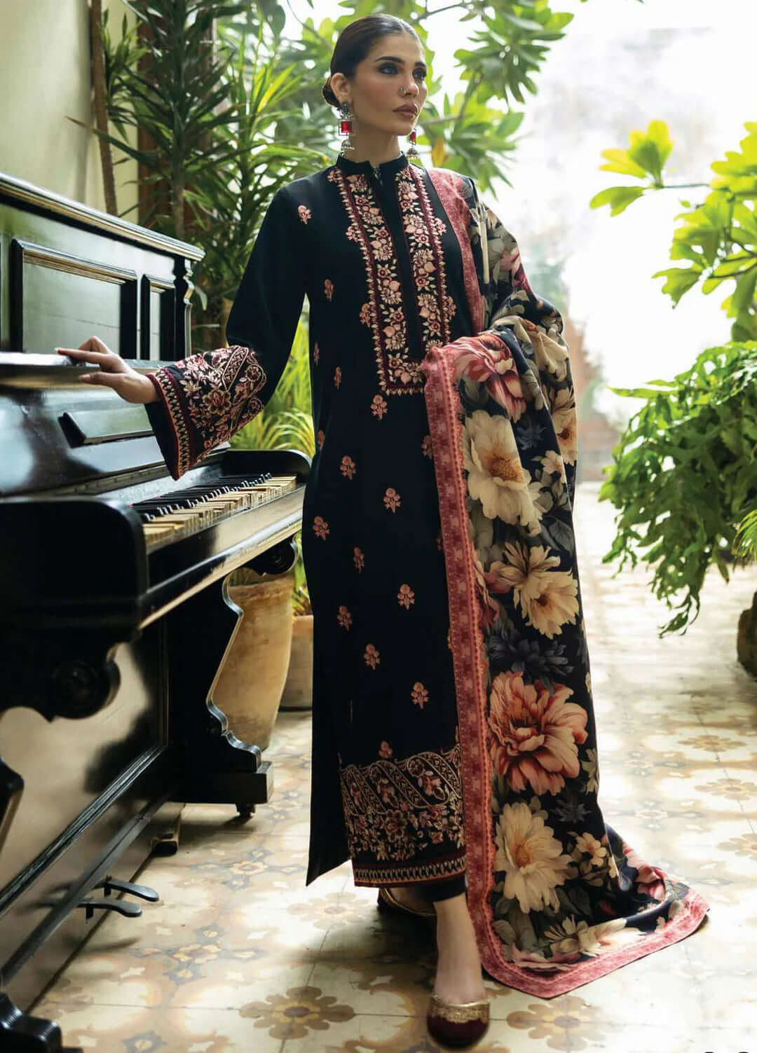 3 Piece Unstitched Heavy Embroidered Dhanak Suit with Printed Woolen Shawl