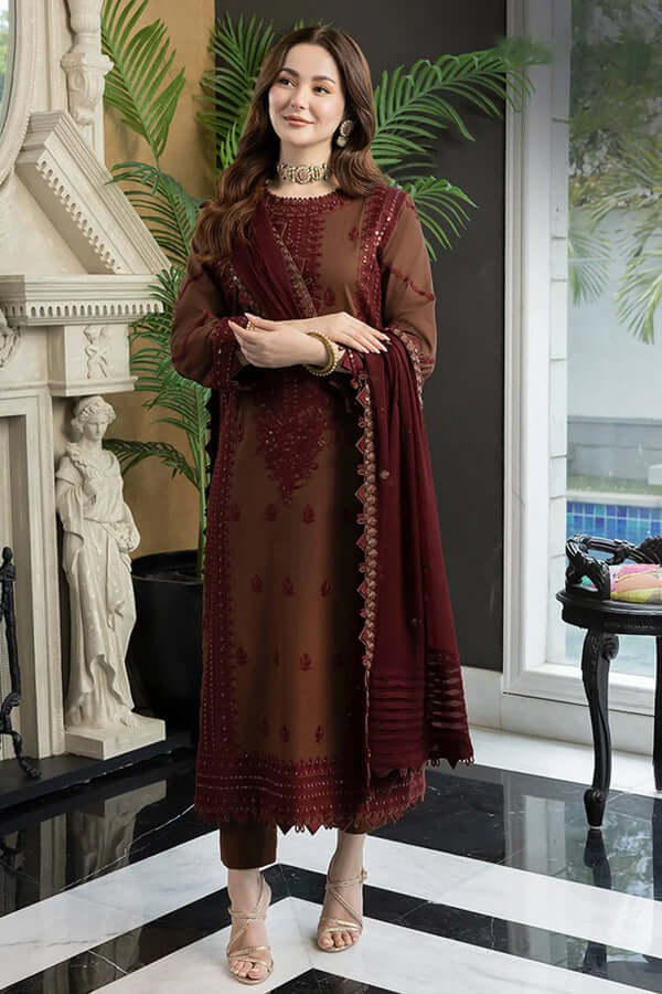 3 Piece Unstitched Heavy Embroidered Dhanak Suit ( Printed Dhanak Shawl )