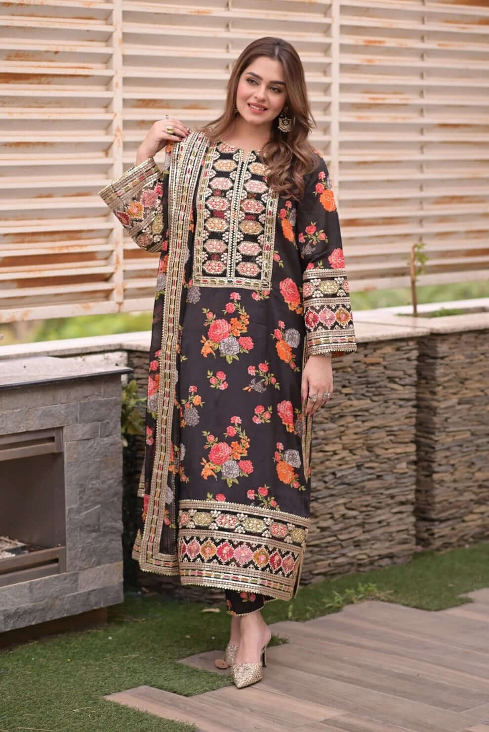 shamoz dress design 3 Pcs Women's Stitched Shamoz Silk Plain Gown Suit by BUKHARI COLLECTION Markaz