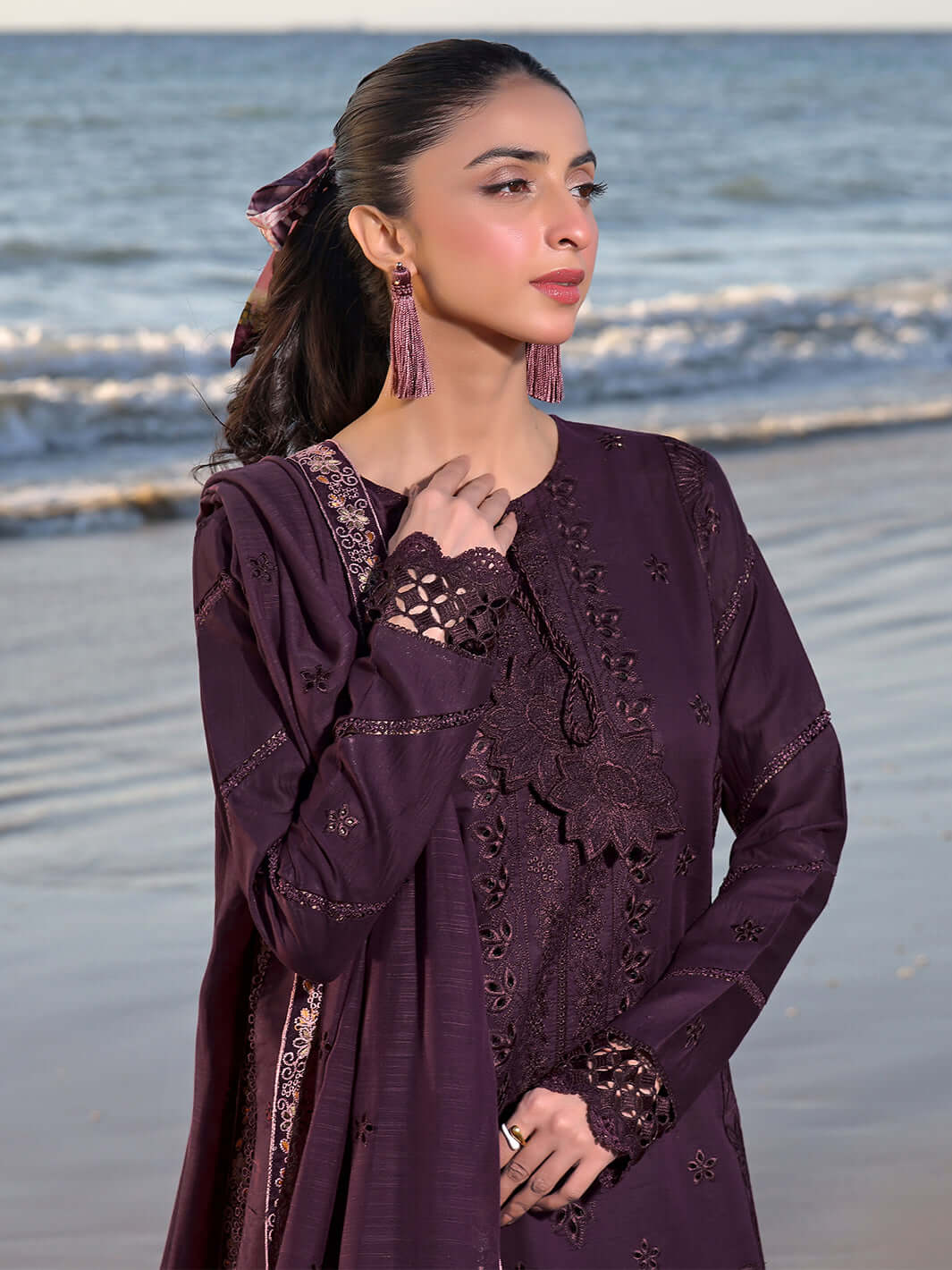 3 Piece Unstitched Heavy Embroidered Dhanak Suit with Heavy Embroidered Dhanak Shawl