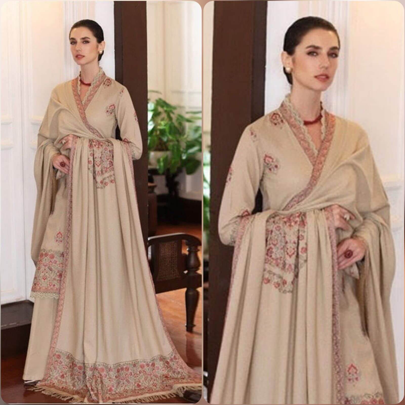3 Piece Unstitched Heavy Embroidered Dhanak Suit with Heavy Embroidered Dhanak Shawl