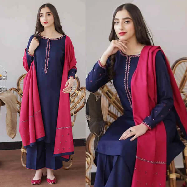 3 Piece Unstitched Heavy Embroidered Dhanak Suit with Embroidered Dhanak Shawl