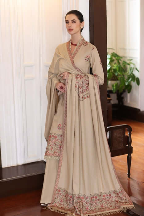 3 Piece Unstitched Heavy Embroidered Dhanak Suit with Heavy Embroidered Dhanak Shawl