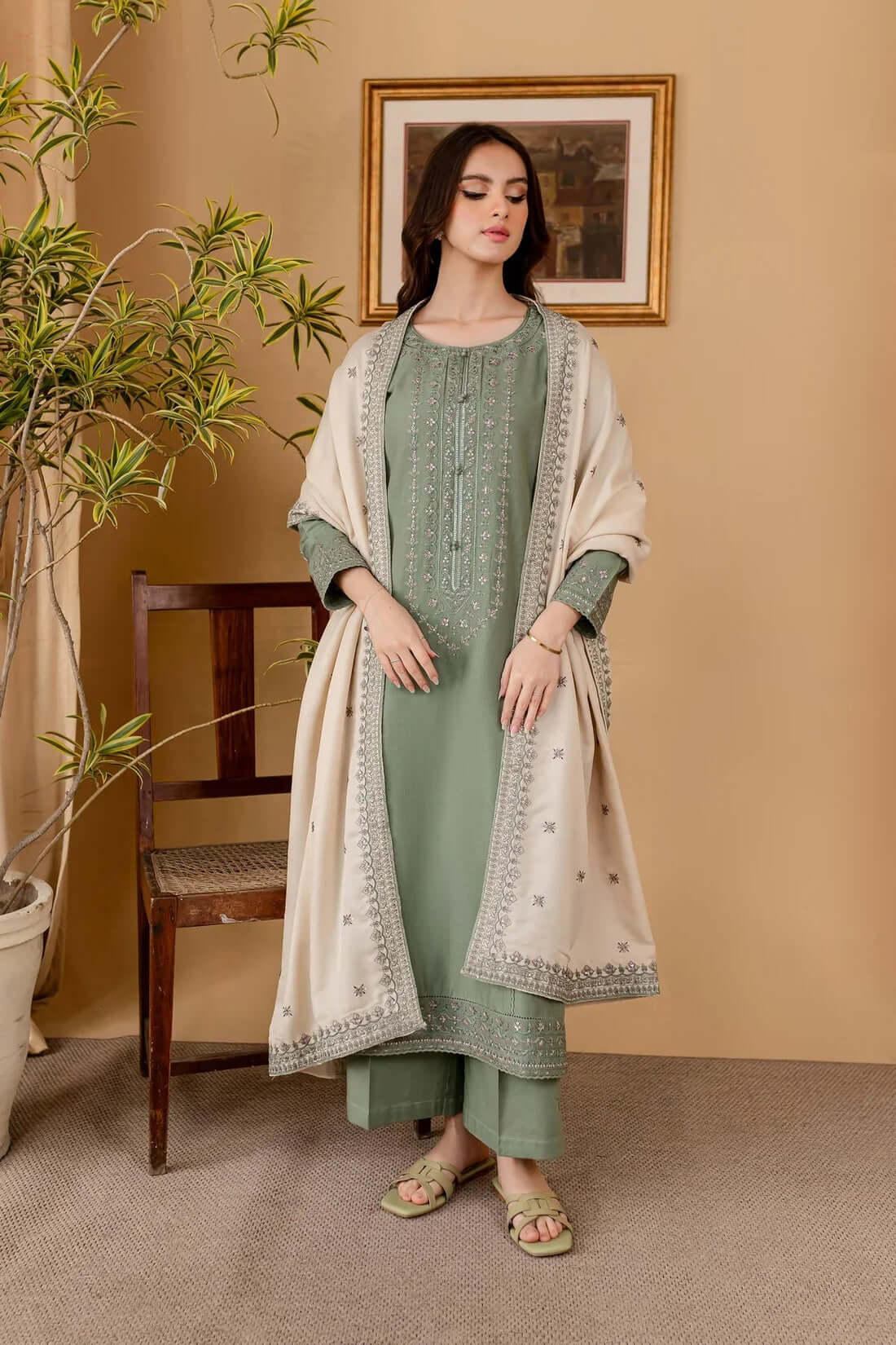 3 Piece Unstitched Heavy Embroidered Dhanak Suit with Embroidered Dhanak Shawl