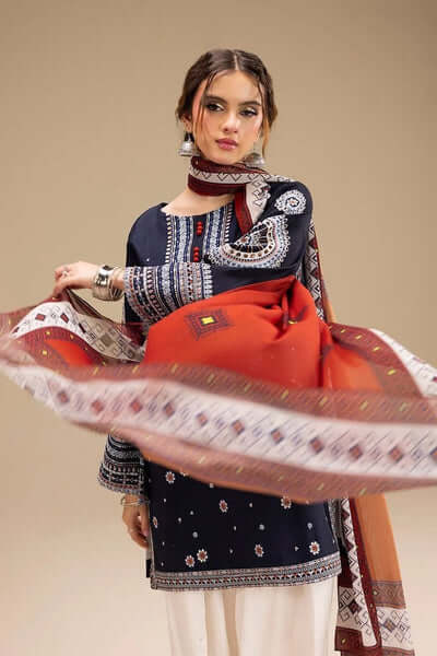3 Piece Unstitched Heavy Embroidered Dhanak Suit with Printed Woolen Shawl