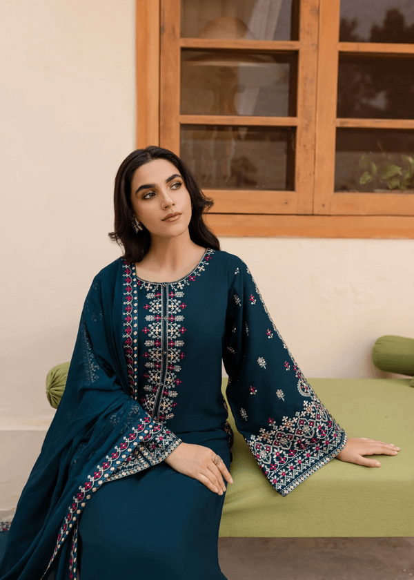 3 Piece Unstitched Heavy Embroidered Dhanak Suit with Four-sided Embroidered Dhanak Shawl