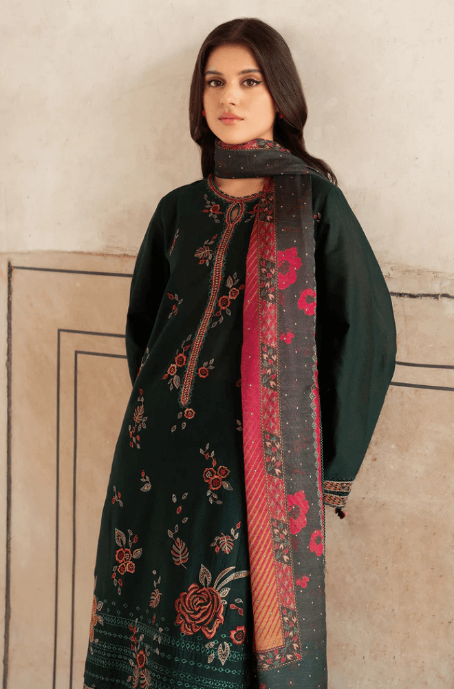 3 Piece Unstitched Heavy Embroidered Dhanak Suit with Printed Woolen Shawl