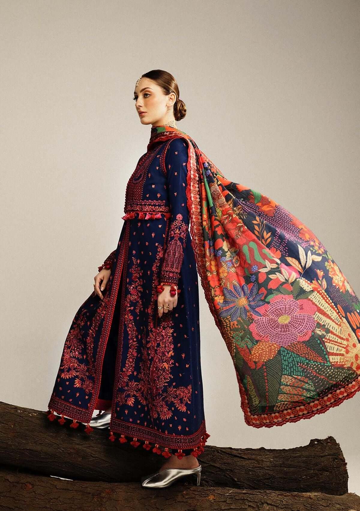 3 Piece Unstitched Heavy Embroidered Dhanak Suit with Printed Woolen Shawl