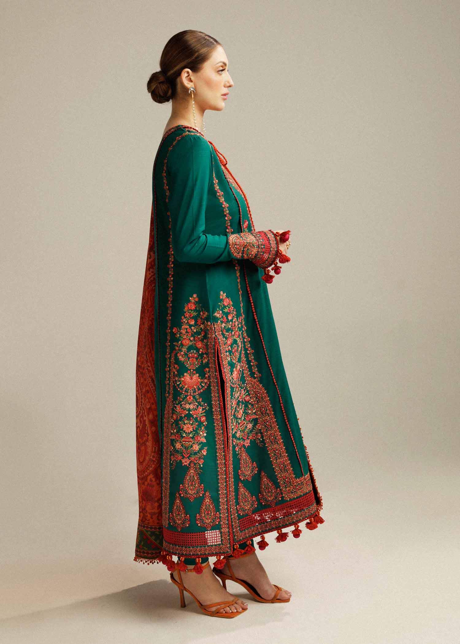 3 Piece Unstitched Heavy Embroidered Dhanak Suit with Printed Woolen Shawl