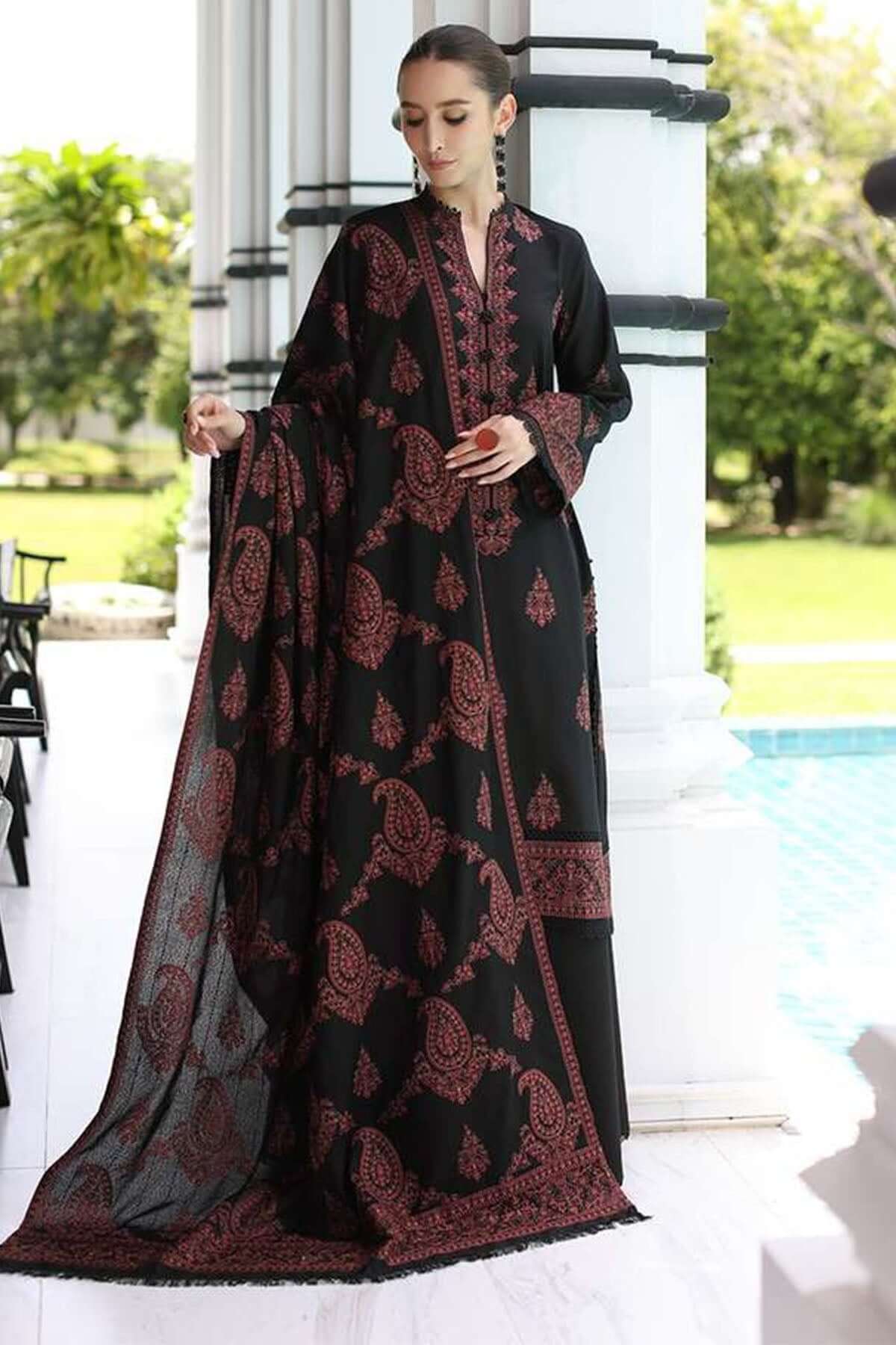 3 Piece Unstitched Heavy Embroidered Dhanak Suit with Full Embroidered Dhanak Shawl