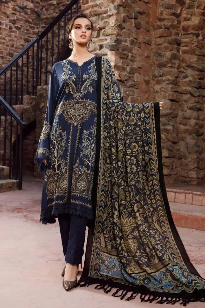 3 Piece Unstitched Heavy Embroidered Dhanak Suit With Digital Printed Woolen Shawl