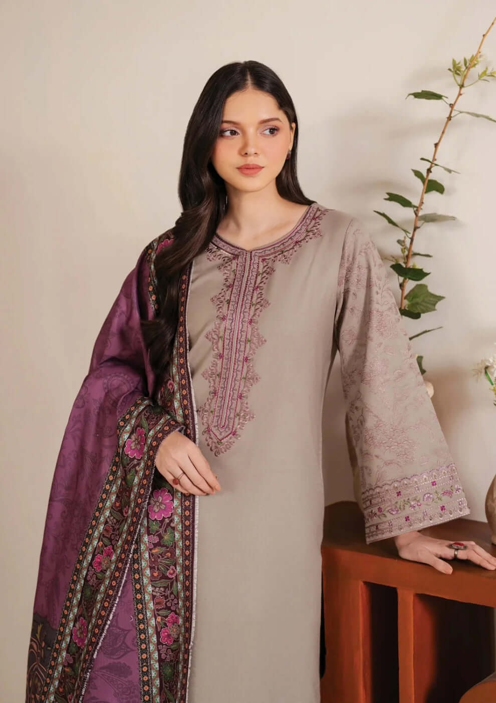 3 Piece Unstitched Embroidered Dhanak Suit with Printed Woolen Twill Shawl