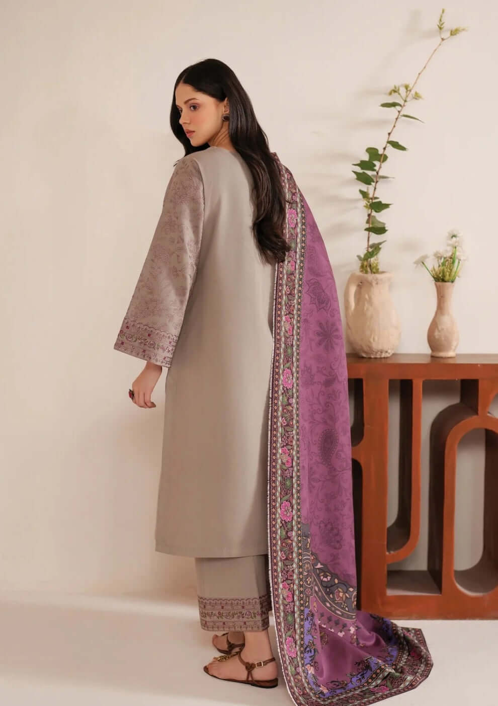 3 Piece Unstitched Embroidered Dhanak Suit with Printed Woolen Twill Shawl