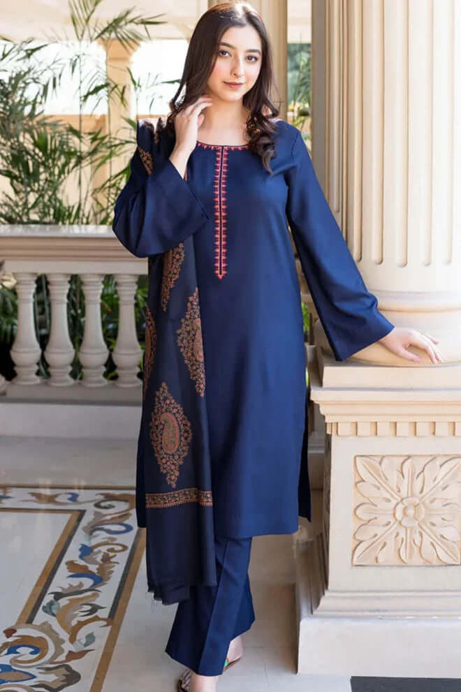 3 Piece Unstitched Embroidered Dhanak Suit with Printed Woolen Twill Shawl