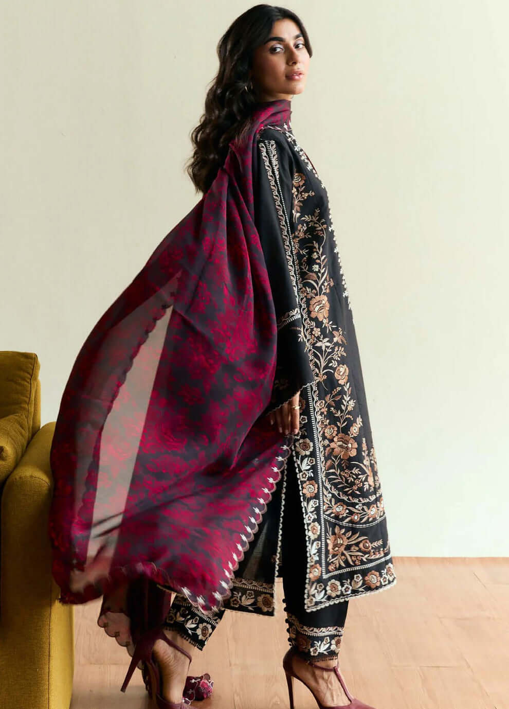 3 Piece Unstitched Heavy Embroidered Dhanak Suit with Printed Woolen Twill Shawl
