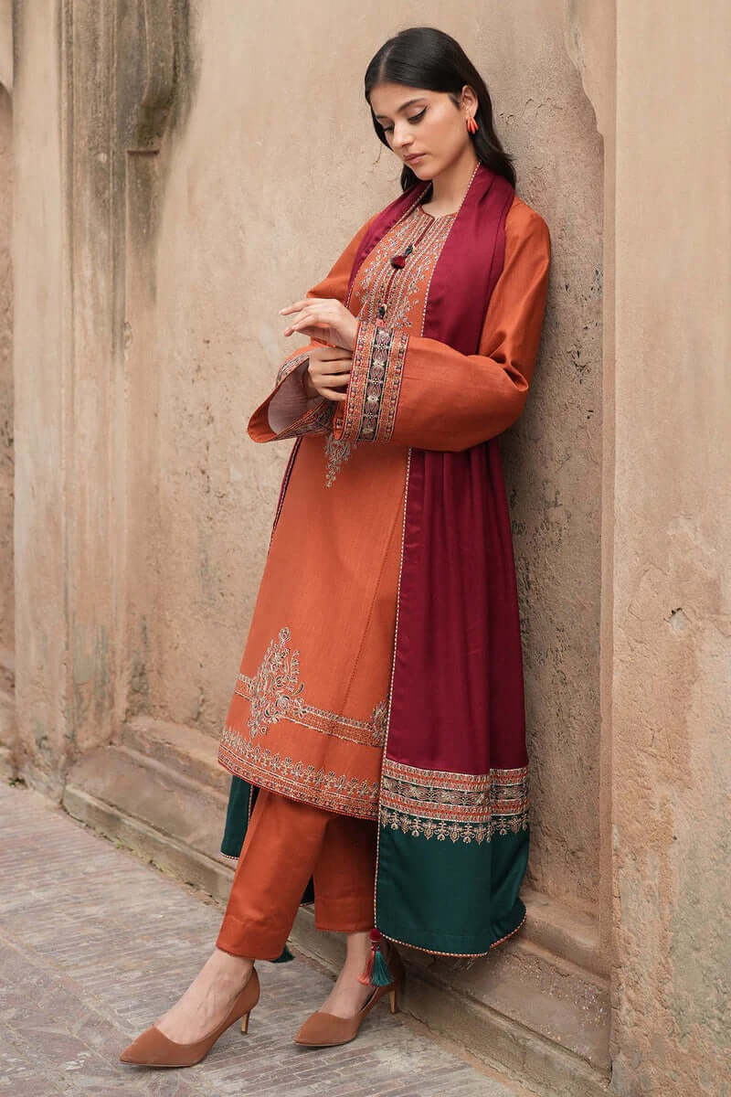 3 Piece Unstitched Heavy Embroidered Dhanak Suit with Printed Woolen Twill Shawl