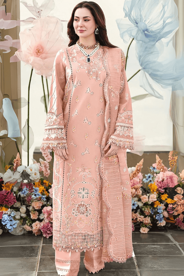 3 Piece Unstitched Heavy Embroidered Pure Lawn Suit with Heavy Embroidered Cotton Net Dupatta