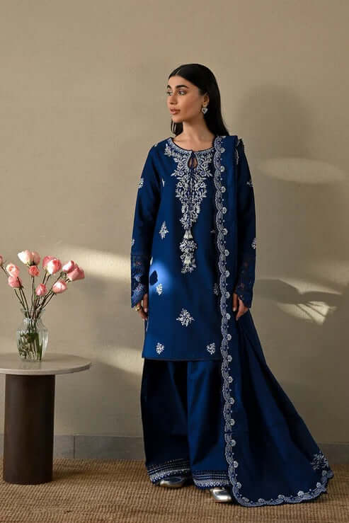 3 Piece Unstitched Heavy Embroidered Dhanak Suit with Embroidered Dhanak Shawl