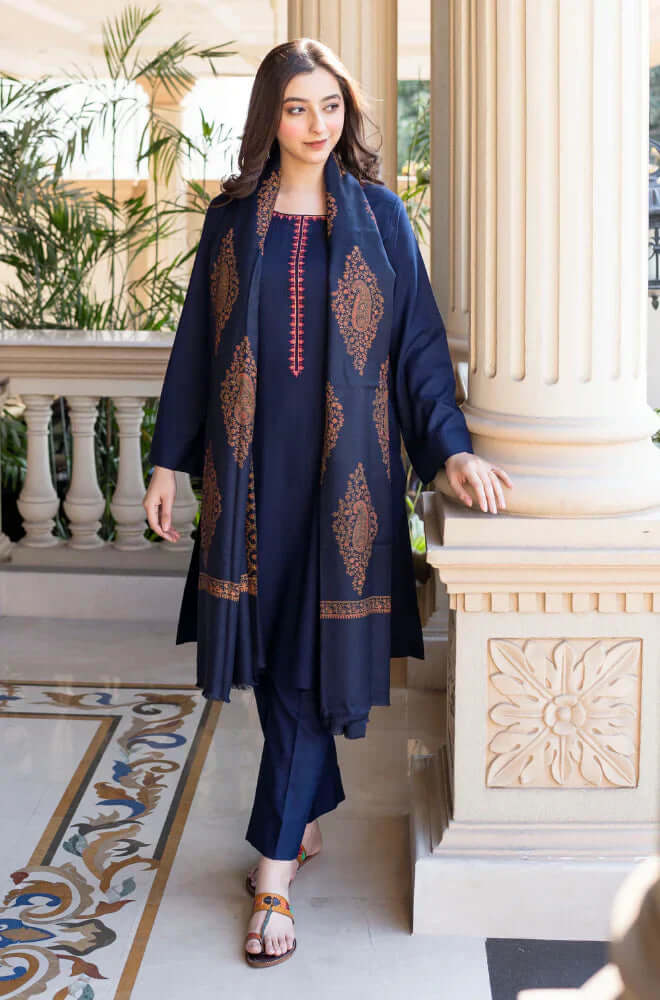3 Piece Unstitched Embroidered Dhanak Suit with Printed Woolen Twill Shawl