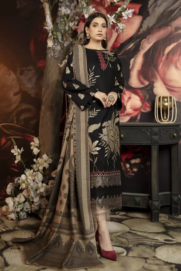 3 Piece Unstitched Heavy Embroidered Dhanak Suit With Digital Printed Woolen Shawl