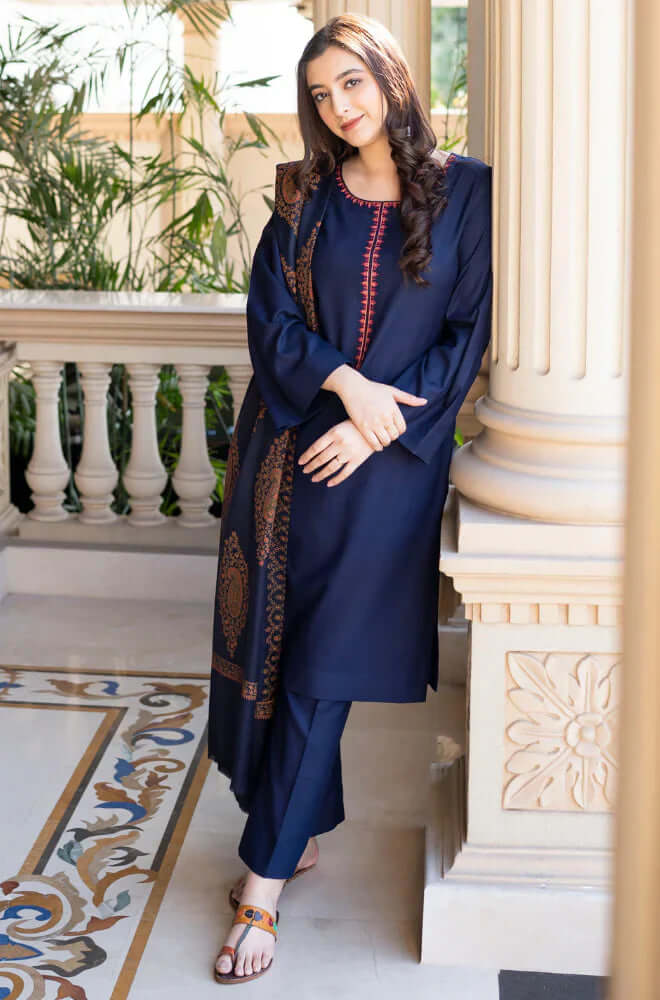 3 Piece Unstitched Embroidered Dhanak Suit with Printed Woolen Twill Shawl