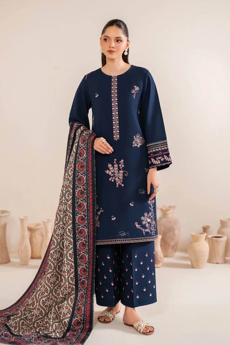 3 Piece Unstitched Heavy Embroidered Dhanak Suit with Printed Woolen Silk Shawl