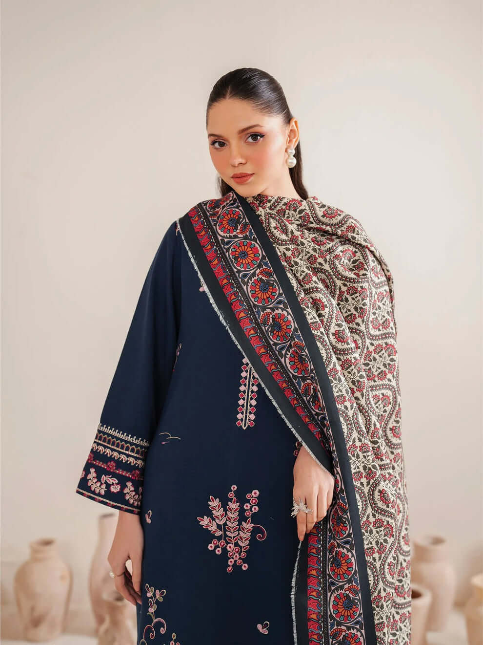 3 Piece Unstitched Heavy Embroidered Dhanak Suit with Printed Woolen Silk Shawl
