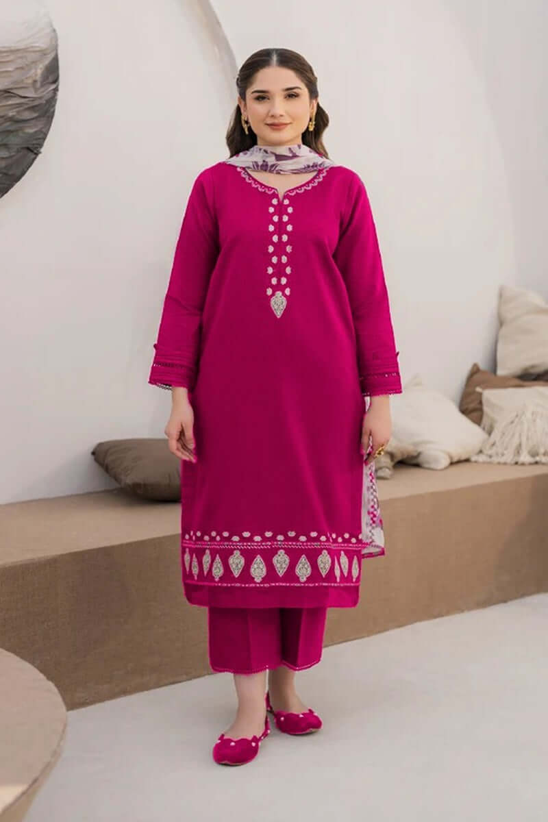 3 Piece Unstitched Heavy Embroidered Dhanak Suit with Printed Woolen Twill Shawl
