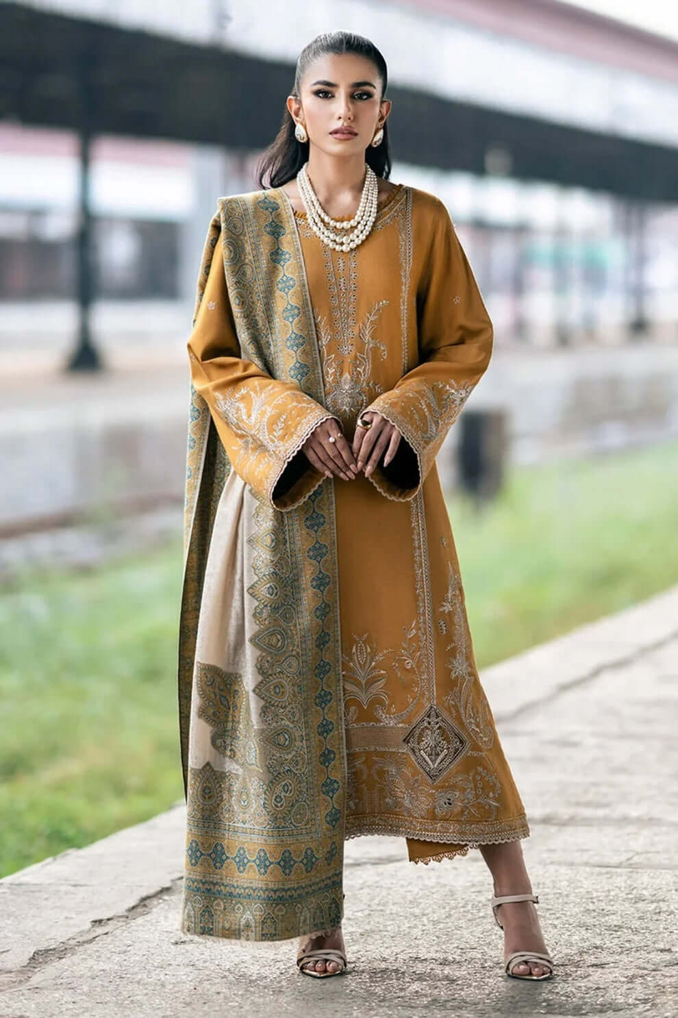 3 Piece Unstitched Heavy Embroidered Dhanak Suit with Printed Woolen Twill Shawl