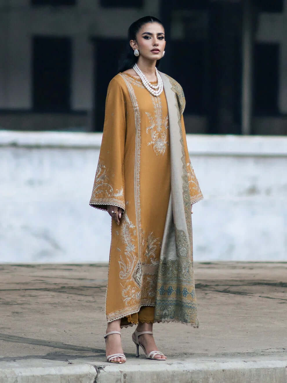 3 Piece Unstitched Heavy Embroidered Dhanak Suit with Printed Woolen Twill Shawl