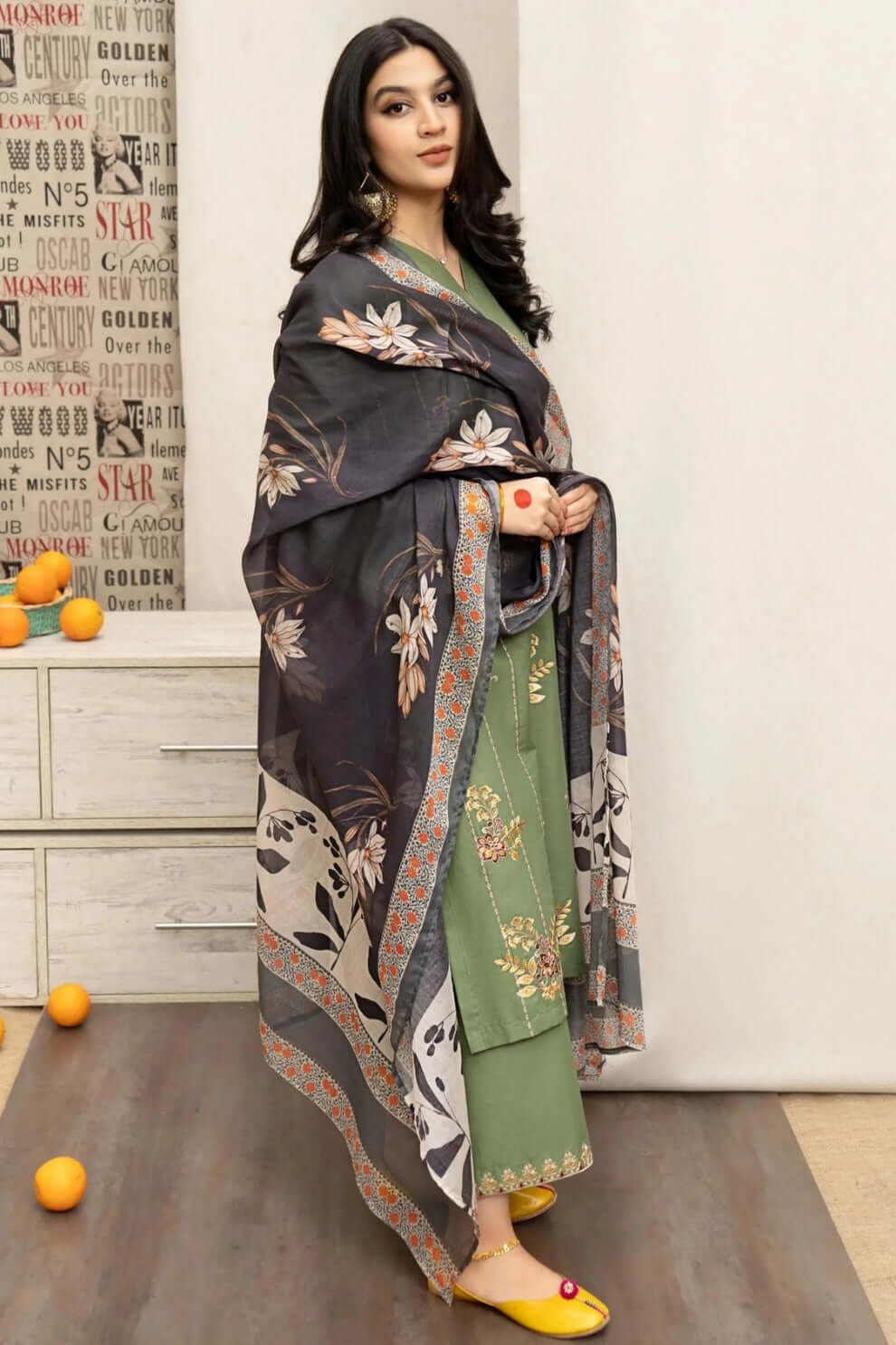 3 Piece Unstitched Heavy Embroidered Dhanak Suit with Printed Woolen Twill Shawl