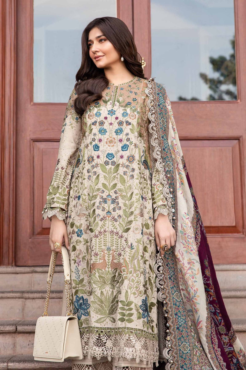3 Piece Unstitched Heavy Embroidered Dhanak Suit with Printed Woolen Shawl