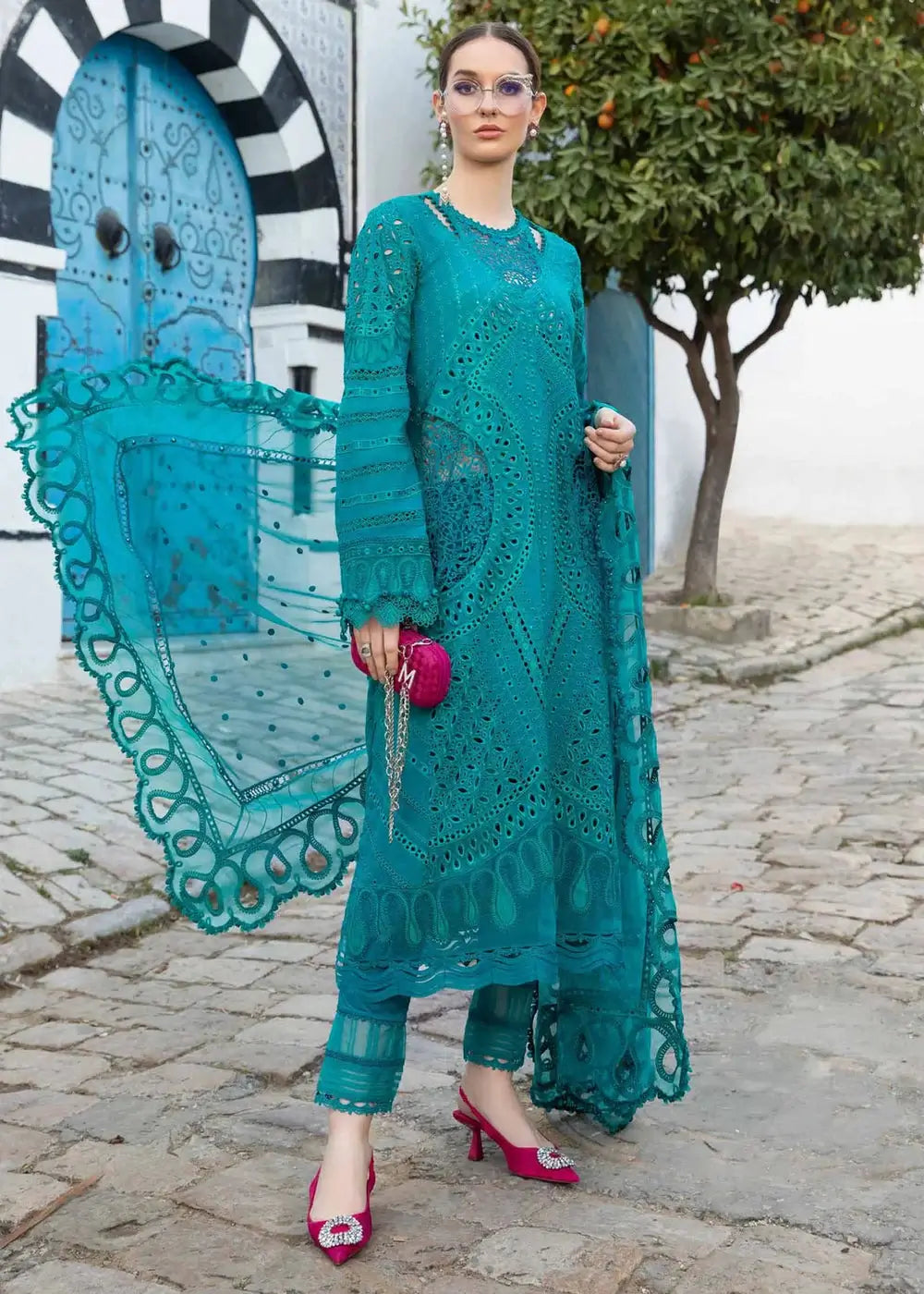 3 Piece Unstitched Heavy Embroidered Chickan Kari Pure Lawn Suit with Heavy Embroidered Chiffon Dupatta