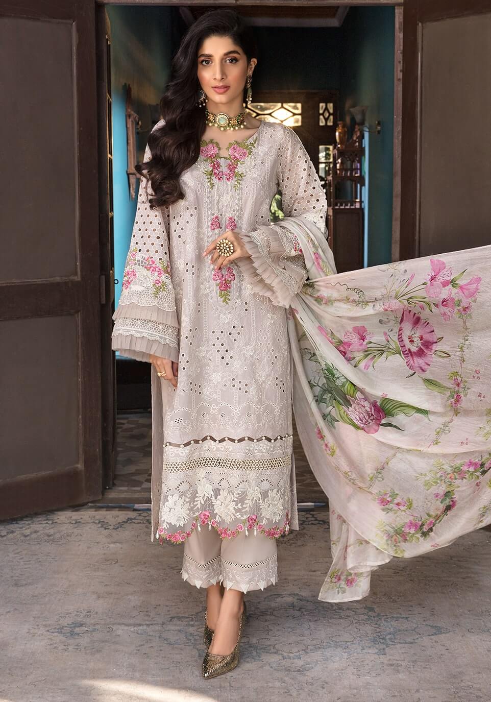 3 Piece Unstitched Heavy Embroidered Chickan Kari Pure Lawn Suit with Printed Silk Dupatta