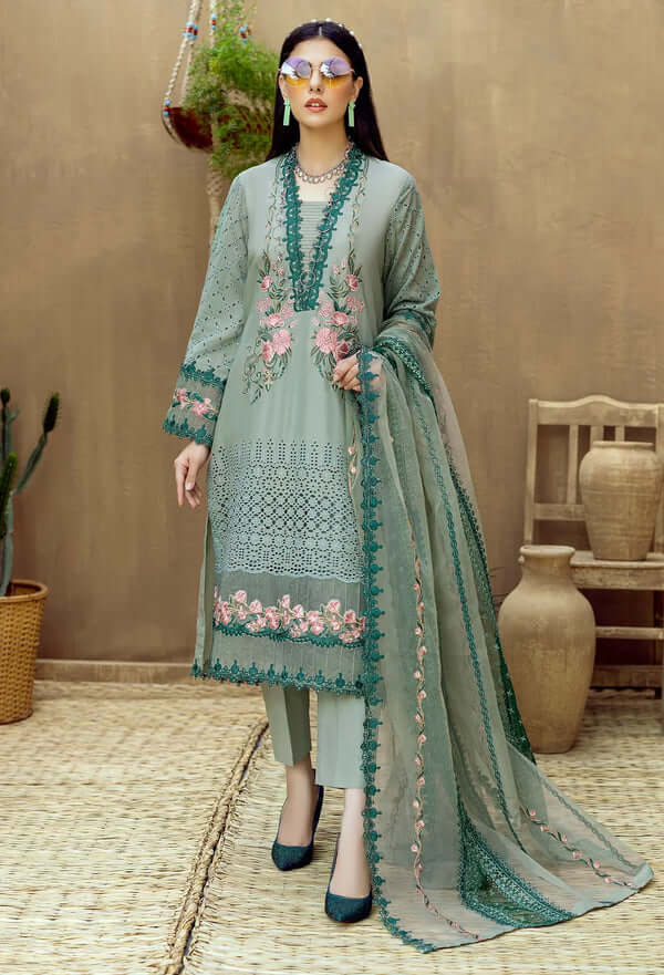 3 Piece Unstitched Heavy Embroidered Chickan Kari Pure Lawn Suit with Heavy Embroidered Organza Dupatta