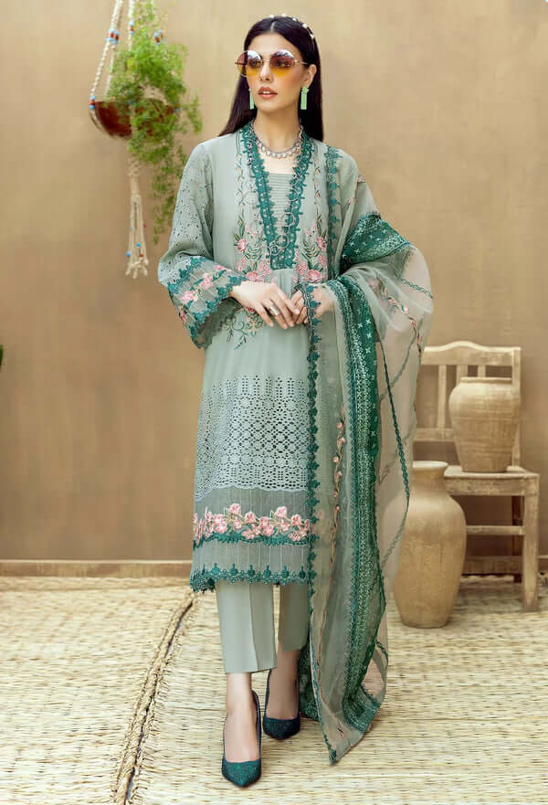 3 Piece Unstitched Heavy Embroidered Chickan Kari Pure Lawn Suit with Heavy Embroidered Organza Dupatta