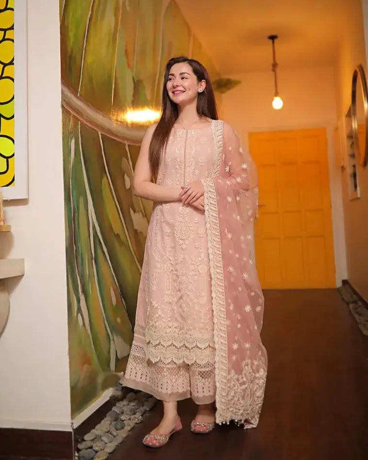 3 Piece Unstitched Heavy Embroidered Pure Lawn Suit with Heavy Embroidered Organza Dupatta