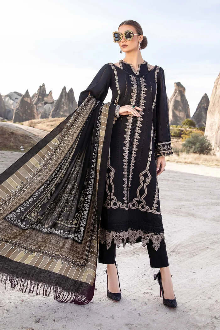 3 Piece Unstitched Heavy Embroidered Pure Lawn Suit with Printed Silk Dupatta