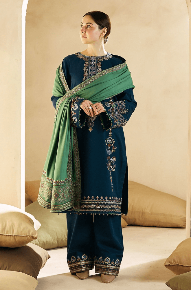 3 Piece Unstitched Heavy Embroidered Dhanak Wool Suit With Heavy Embroidered Dhanak Wool Shawl