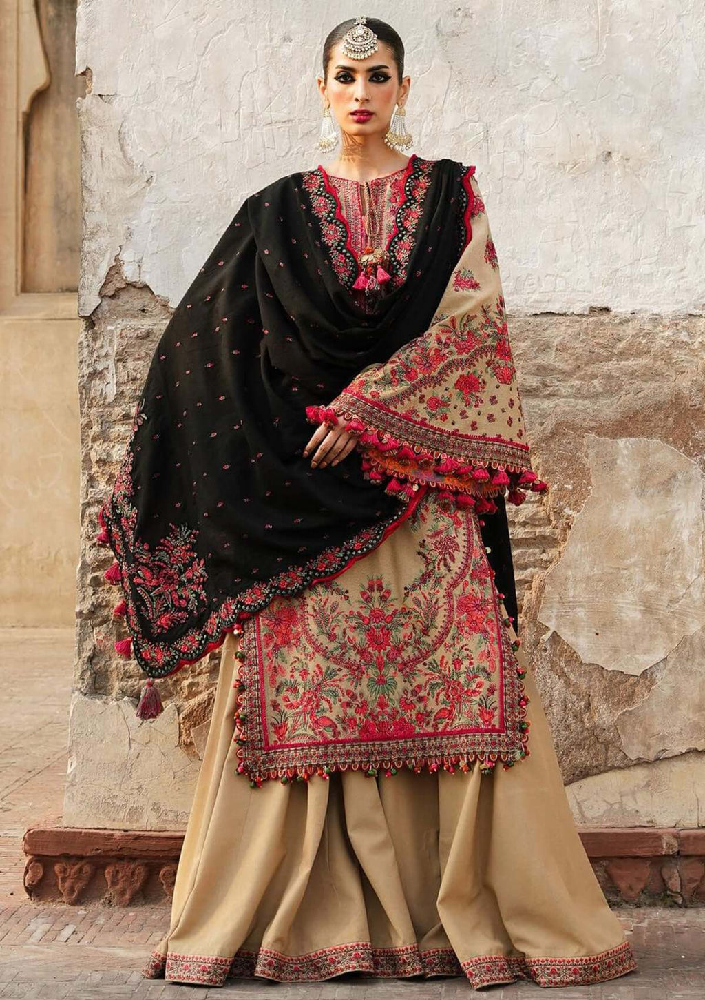 3 Piece Unstitched Heavy Embroidered Dhanak Suit With Four Sided Embroidered Dhanak Shawl