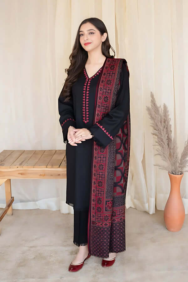3 Piece Unstitched Embroidered Dhanak Wool Suit With Printed Woolen Shawl