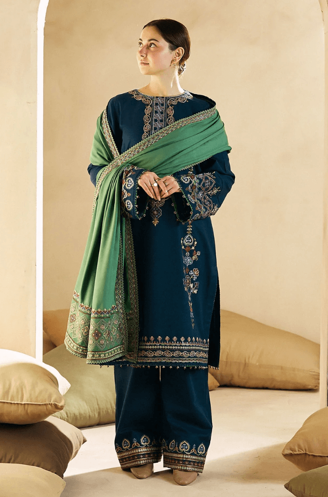3 Piece Unstitched Heavy Embroidered Dhanak Suit With Heavy Embroidered Dhanak Shawl