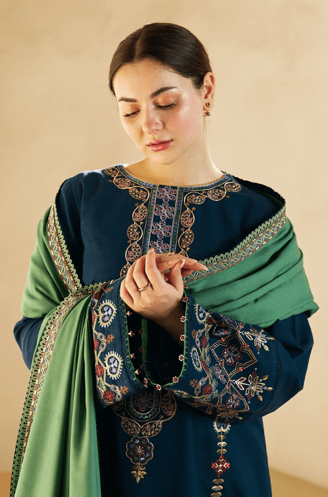 3 Piece Unstitched Heavy Embroidered Dhanak Suit With Heavy Embroidered Dhanak Shawl